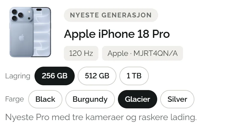 Forslag i Bestill: Apple iPhone 18 Pro, nyeste generasjon. Valg for lagring og farge.